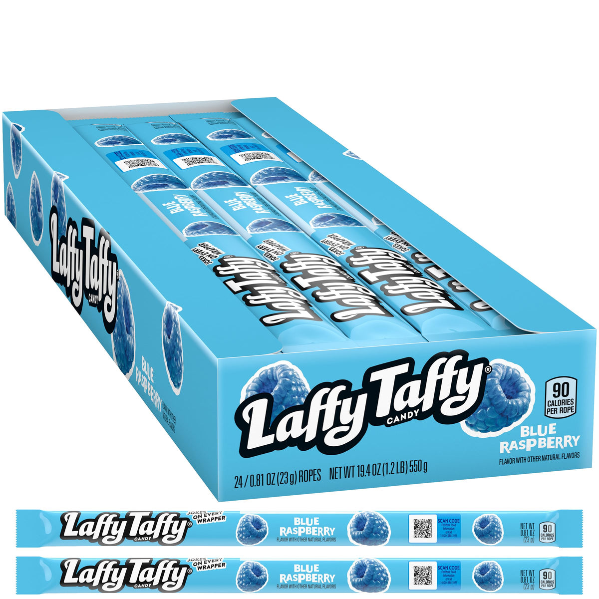 The Hampton Popcorn Blue Raspberry Taffy Rope close-up, vivid blue color and chewy texture.