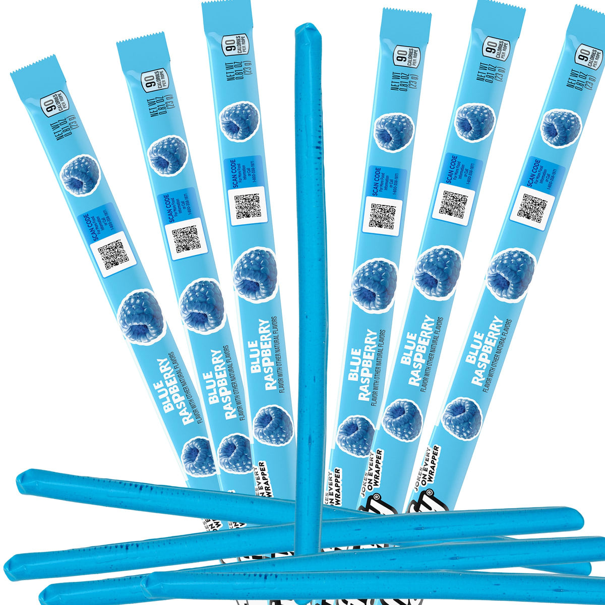The Hampton Popcorn Blue Raspberry Taffy Rope front view, vibrant color and chewy texture.