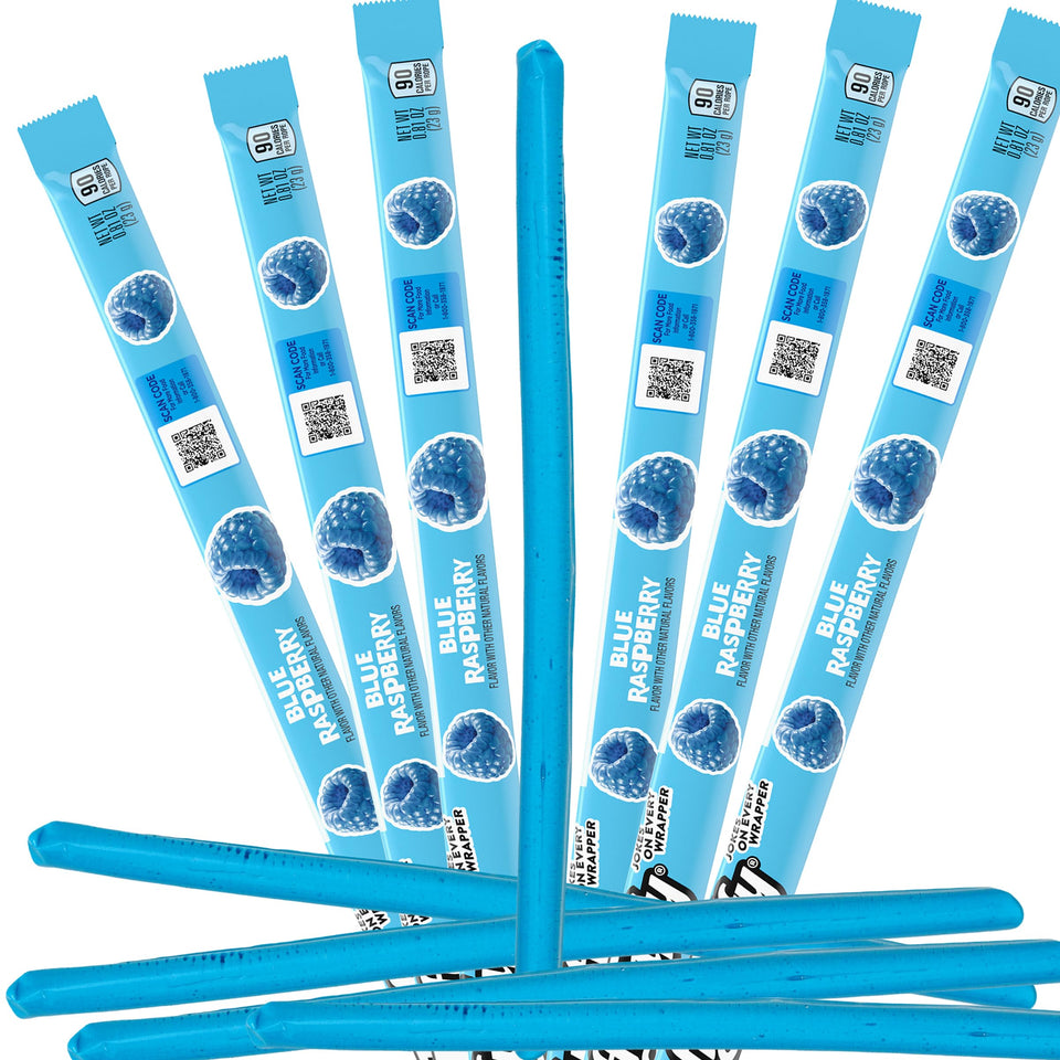 The Hampton Popcorn Blue Raspberry Taffy Rope front view, vibrant color and chewy texture.