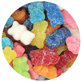 The Hampton Popcorn Company rainbow gummy bears bag front shows colorful variety, ideal for parties.
