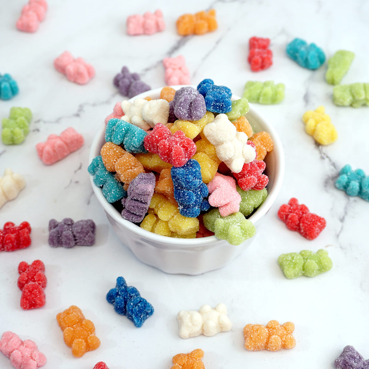The Hampton Popcorn Company rainbow gummy bears close-up reveals fruit flavors for candy bar ideas.