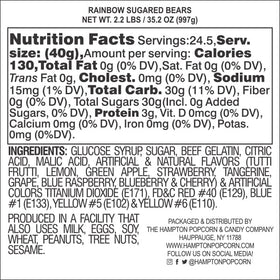 The Hampton Popcorn Company rainbow gummy bears label illustrates artificial color and fruit flavors.