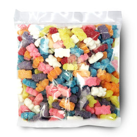 The Hampton Popcorn Company rainbow gummy bears packaging highlights bulk 2.2 lb size for events.