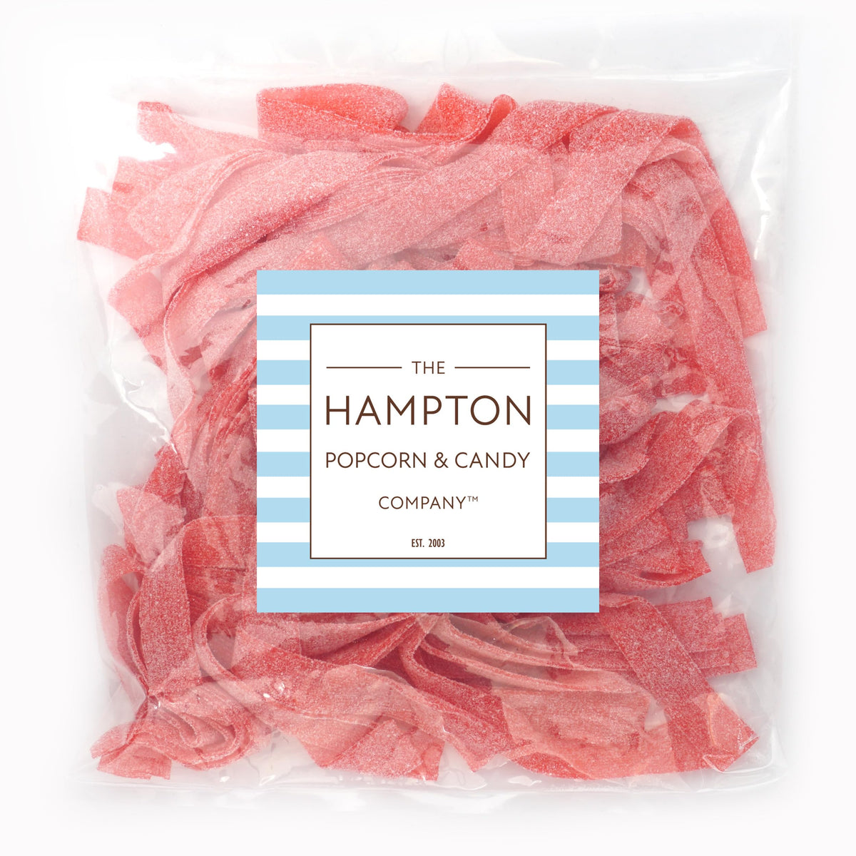The Hampton Strawberry Sour Belts close-up showing chewy texture.