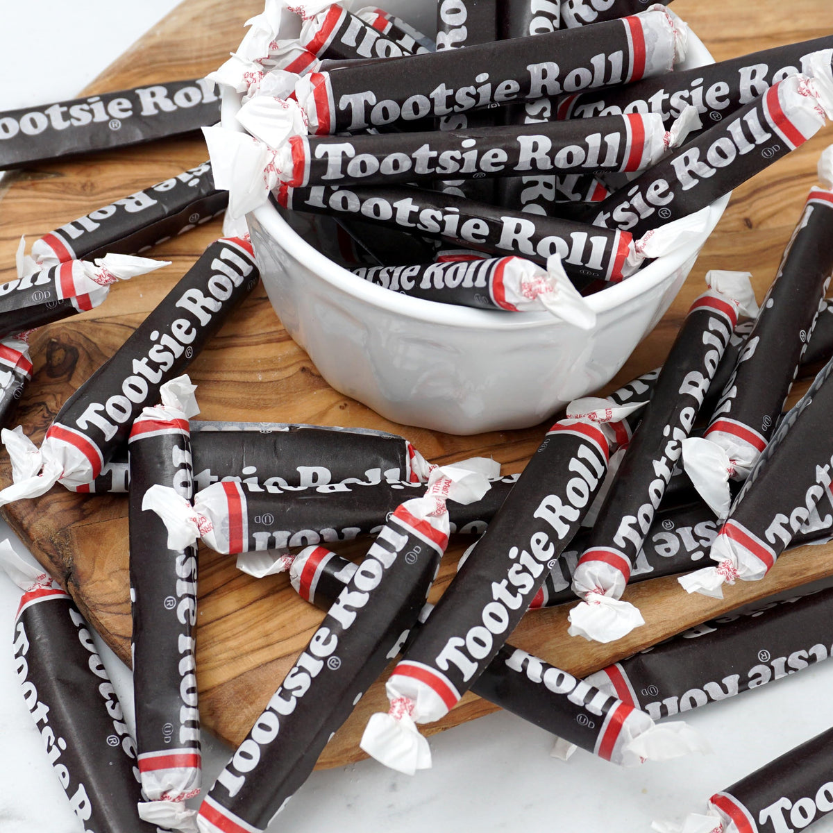 The Hampton Tootsie Rolls arranged for party favors and festive tables.