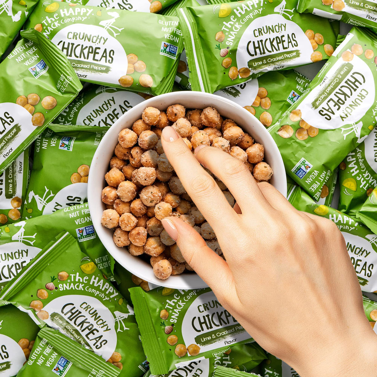 The Happy Snack Company 24-pack box of lime-cracked-pepper chickpeas.