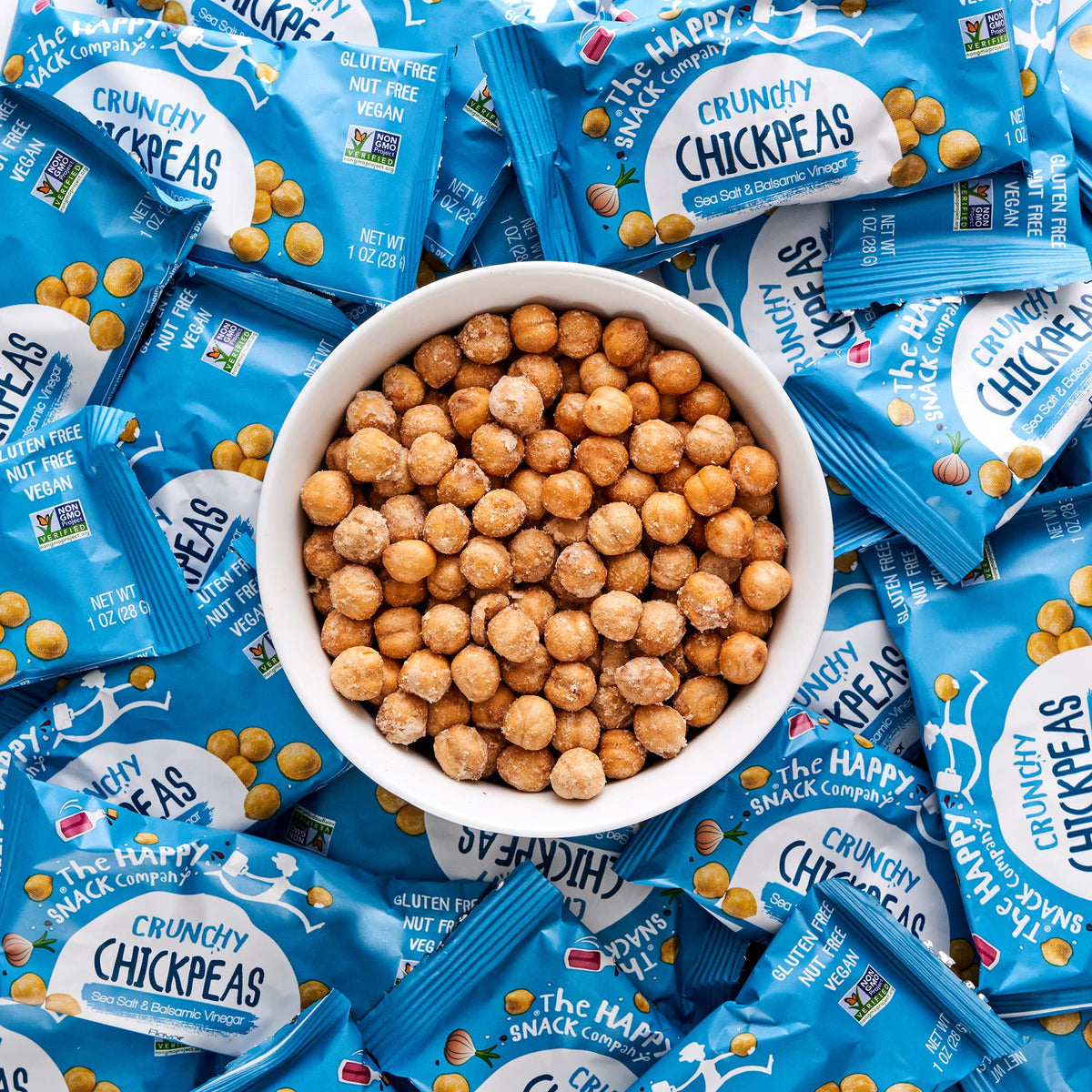 The Happy Snack Company chickpeas snack trail mix view shows flavor blend for on-the-go energy