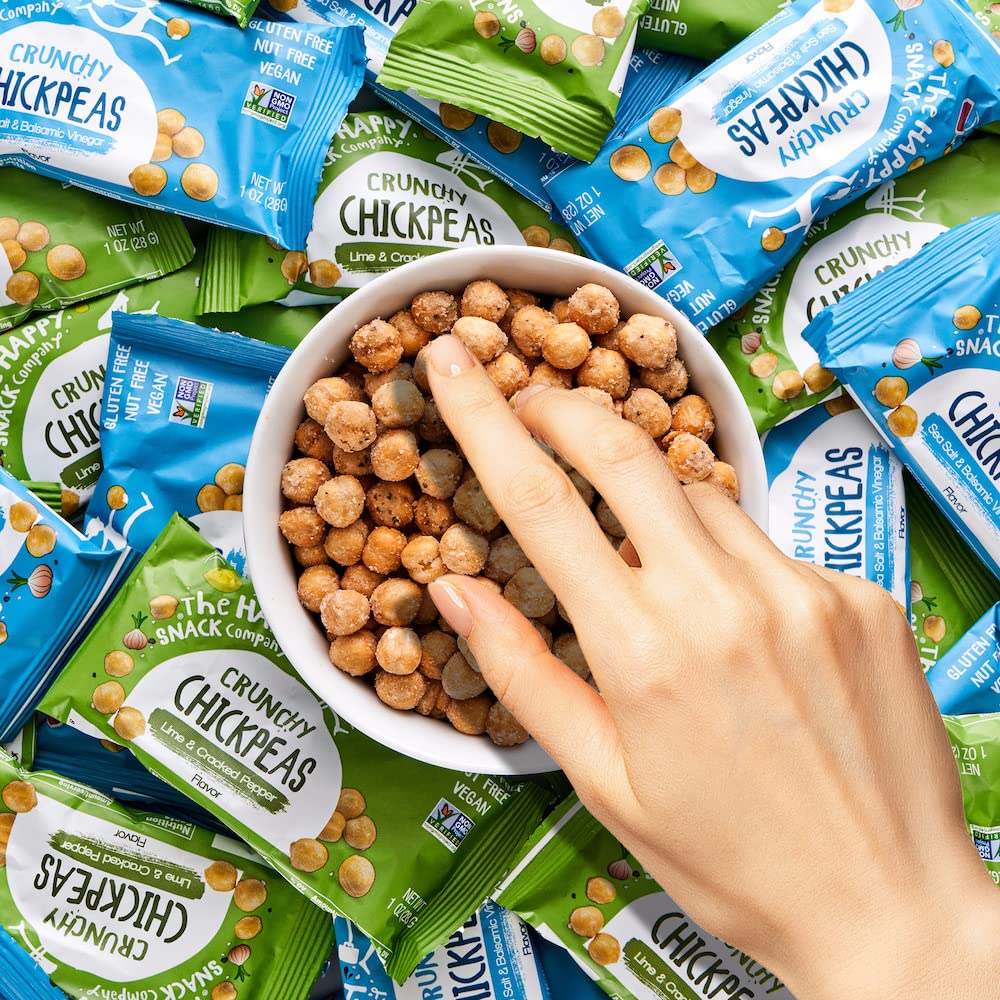 Close-up of The Happy Snack Company Crunchy Chickpeas Sea Salt Balsamic – satisfying crunch.