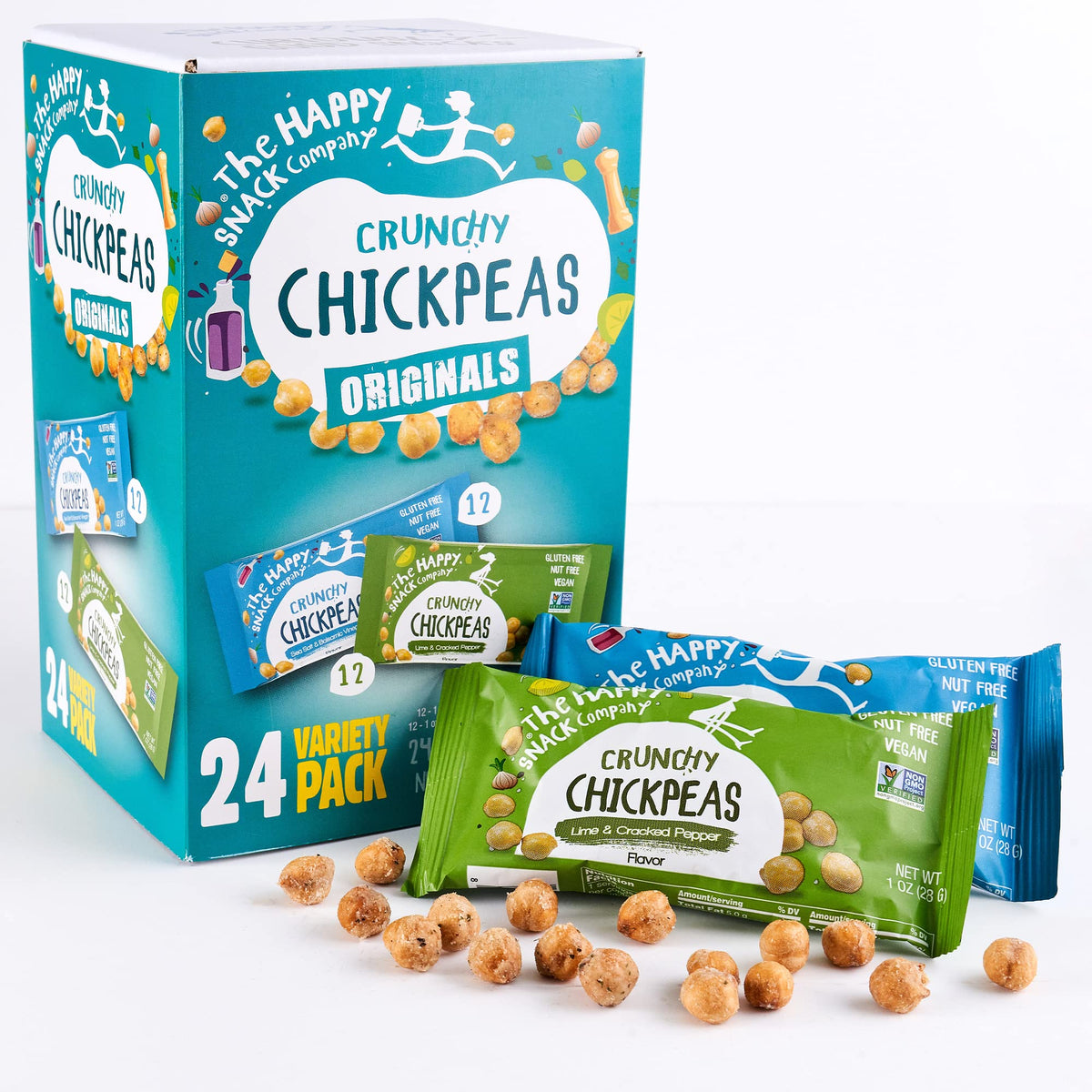The Happy Snack Company Crunchy Chickpeas Lime Cracked Pepper bag – vegan protein on the go.