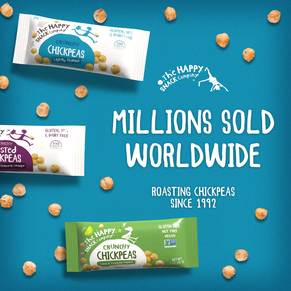 The Happy Snack Company Crunchy Chickpeas on office desk – ideal work snack.