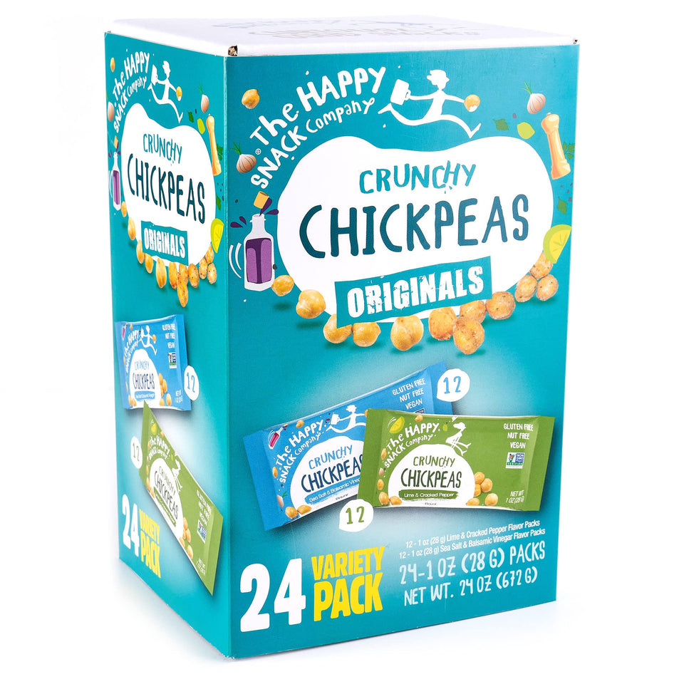The Happy Snack Company Crunchy Chickpeas Sea Salt Balsamic bag – crunchy high-fiber snack.