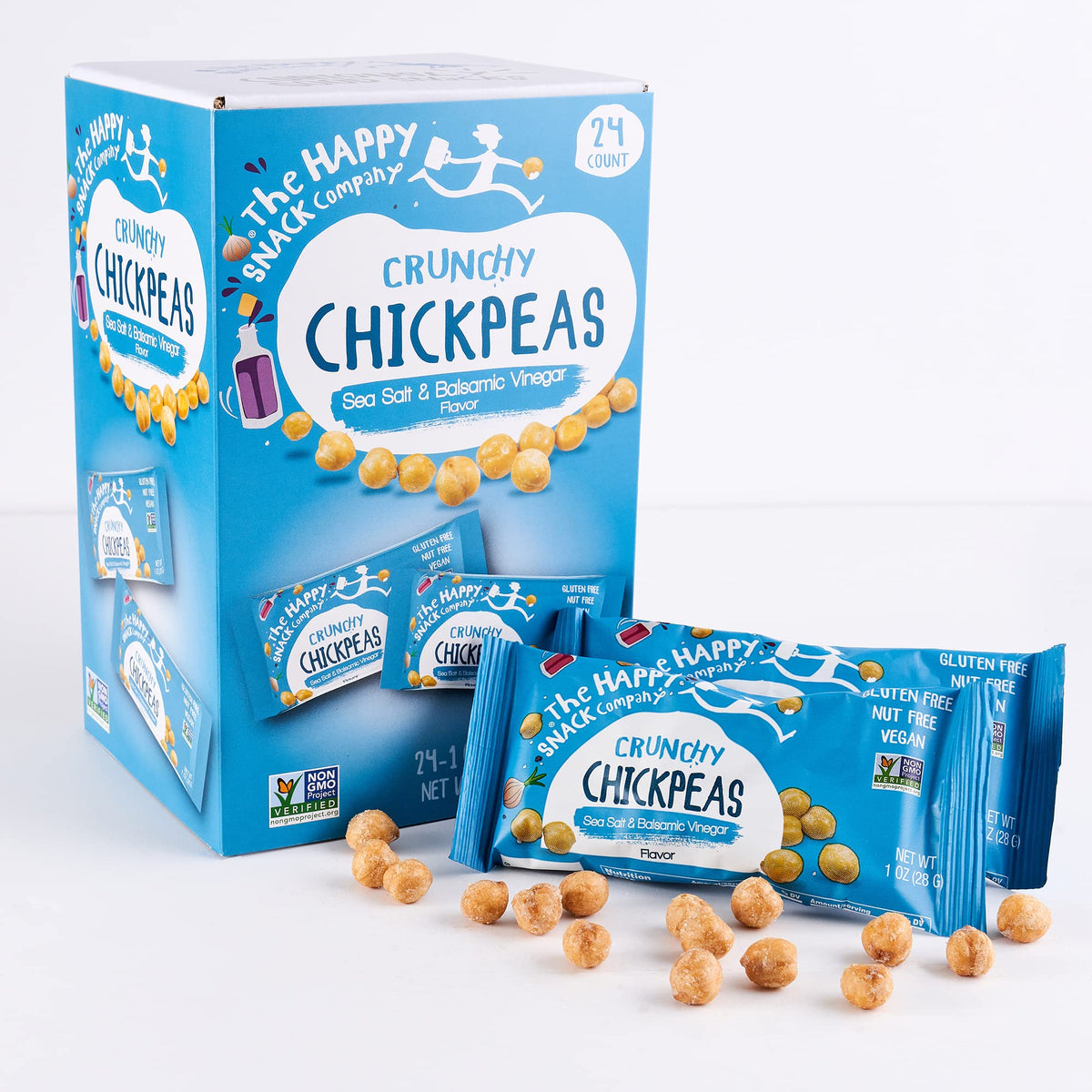 The Happy Snack Company crunchy chickpeas sea salt balsamic bowl highlights crisp texture