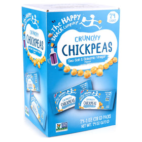 The Happy Snack Company crunchy chickpeas sea salt balsamic pack emphasizes gluten-free, protein-packed snacking
