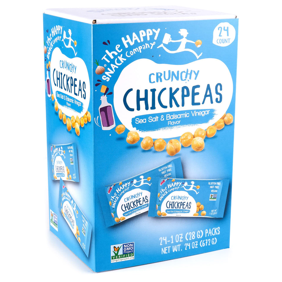 The Happy Snack Company crunchy chickpeas sea salt balsamic pack emphasizes gluten-free, protein-packed snacking