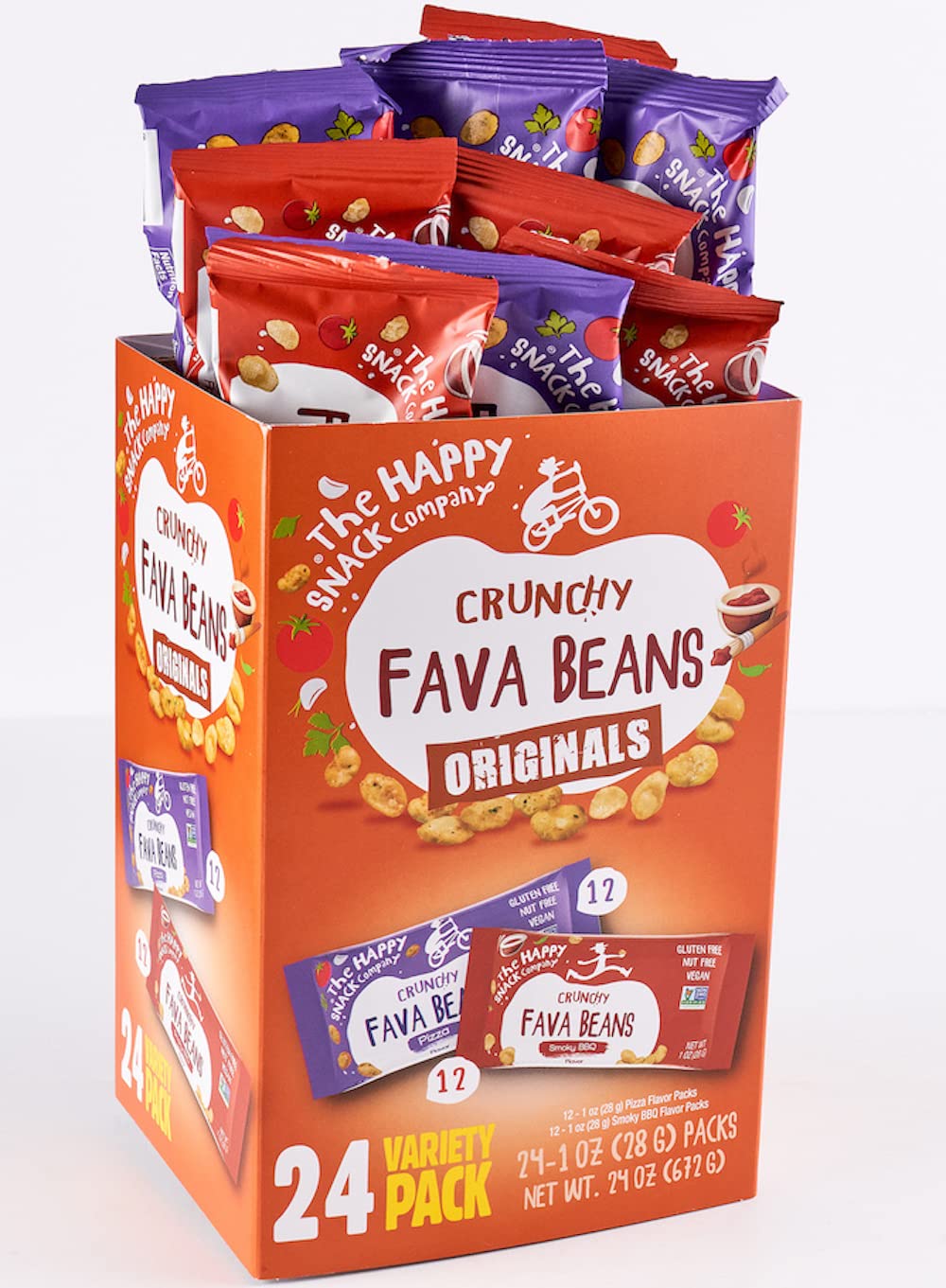 The Happy Snack Company fava beans pizza flavor bag, kid-friendly snack.