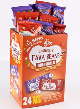 The Happy Snack Company fava beans pizza flavor bag, kid-friendly snack.