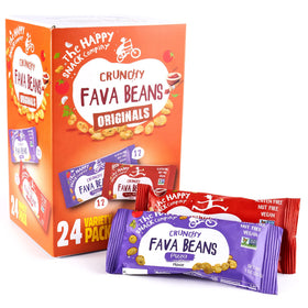 The Happy Snack Company fava beans variety pack bags, gluten-free and vegan.