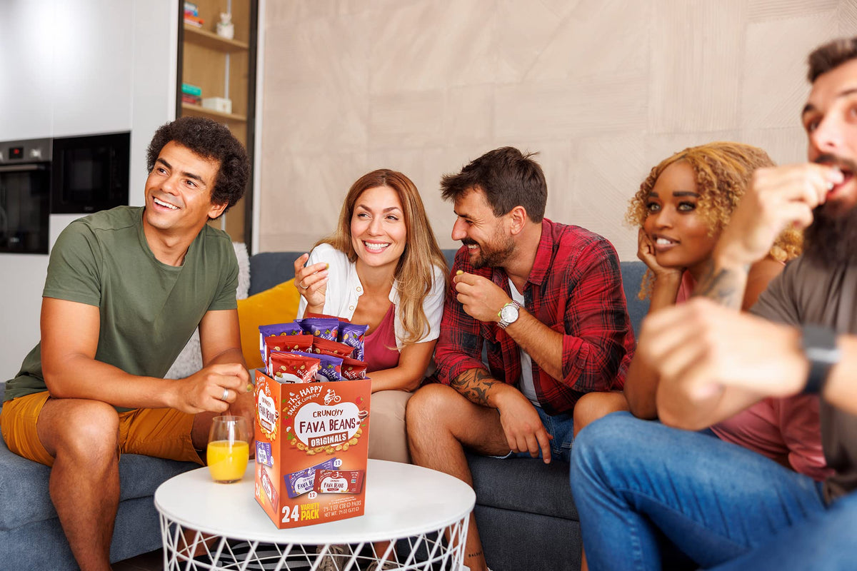 Gluten-free, nut-free, dairy-free labeling on The Happy Snack Company packaging.