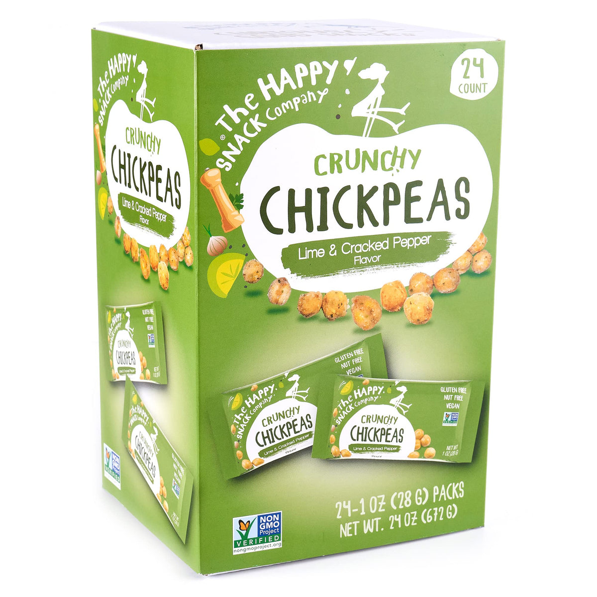 The Happy Snack Company lime-cracked-pepper roasted chickpeas ready to snack.