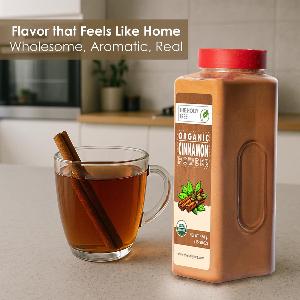 The Holly Tree Cinnamon Powder bulk spice stored in a pantry for easy access.