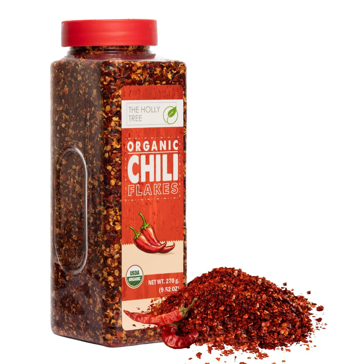 The Holly Tree crushed red pepper flakes jar close-up, vibrant color, ideal for adding heat