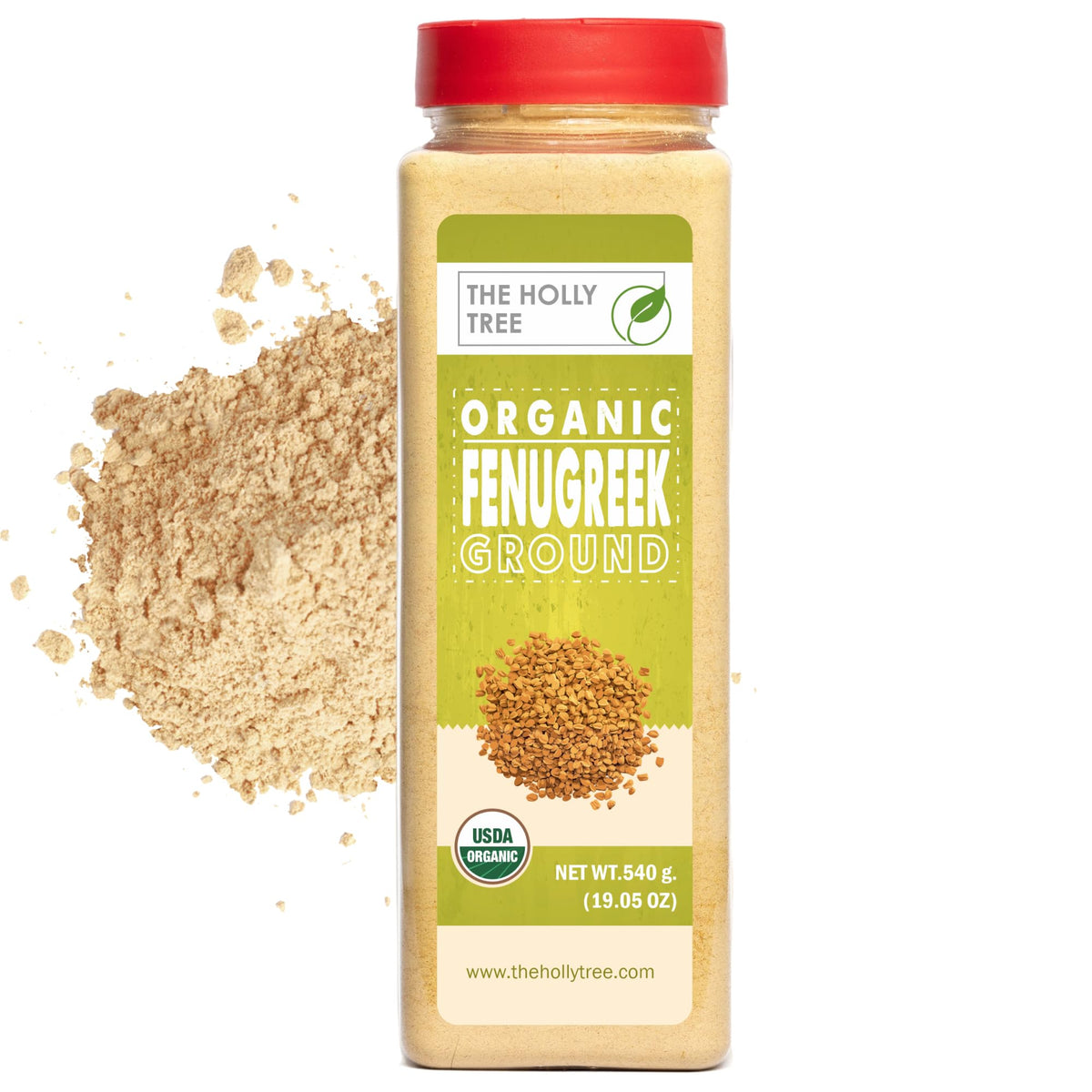 The Holly Tree fenugreek powder jar front, ideal for cooking and flavor enhancement.