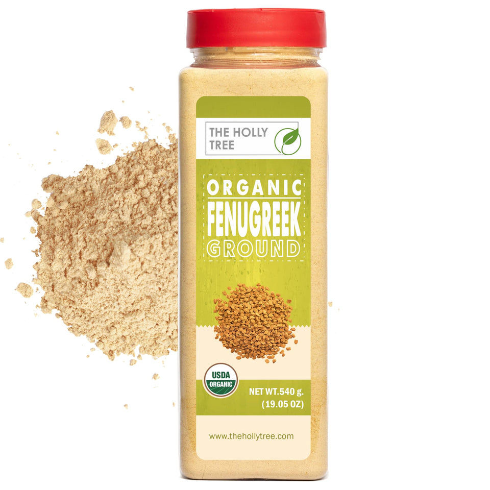 The Holly Tree fenugreek powder jar front, ideal for cooking and flavor enhancement.