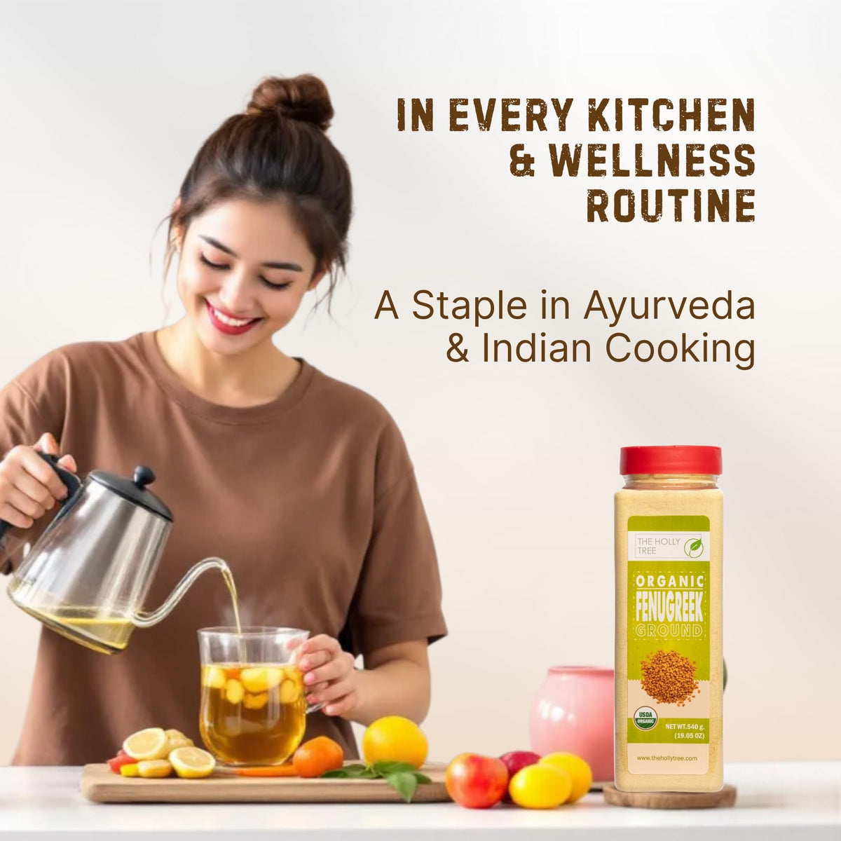 Pantry scene featuring The Holly Tree fenugreek powder as a daily staple.
