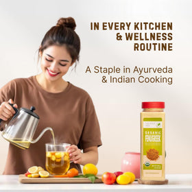 Pantry scene featuring The Holly Tree fenugreek powder as a daily staple.