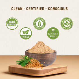 A scoop of fenugreek powder in a bowl for precise additions to recipes.