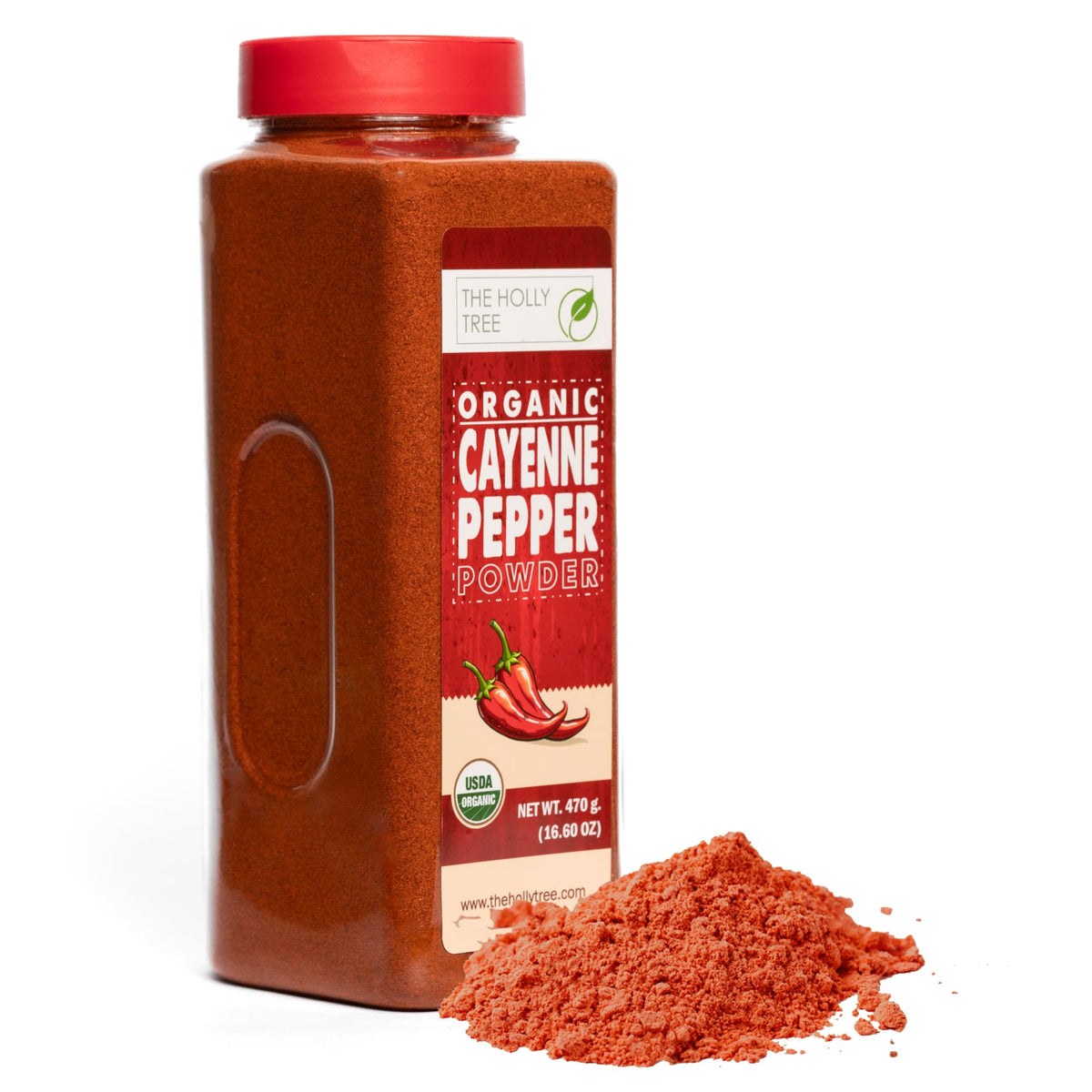 The Holly Tree Organic Cayenne Pepper Powder bottle adds vibrant heat to dishes.