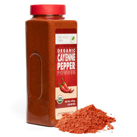 The Holly Tree Organic Cayenne Pepper Powder bottle adds vibrant heat to dishes.