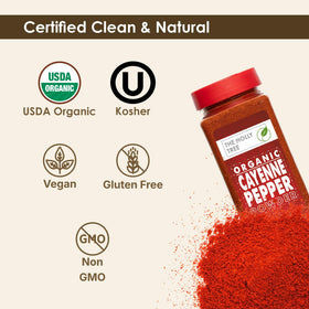 The Holly Tree cayenne pepper powder label showcases organic, gluten-free and kosher certification.