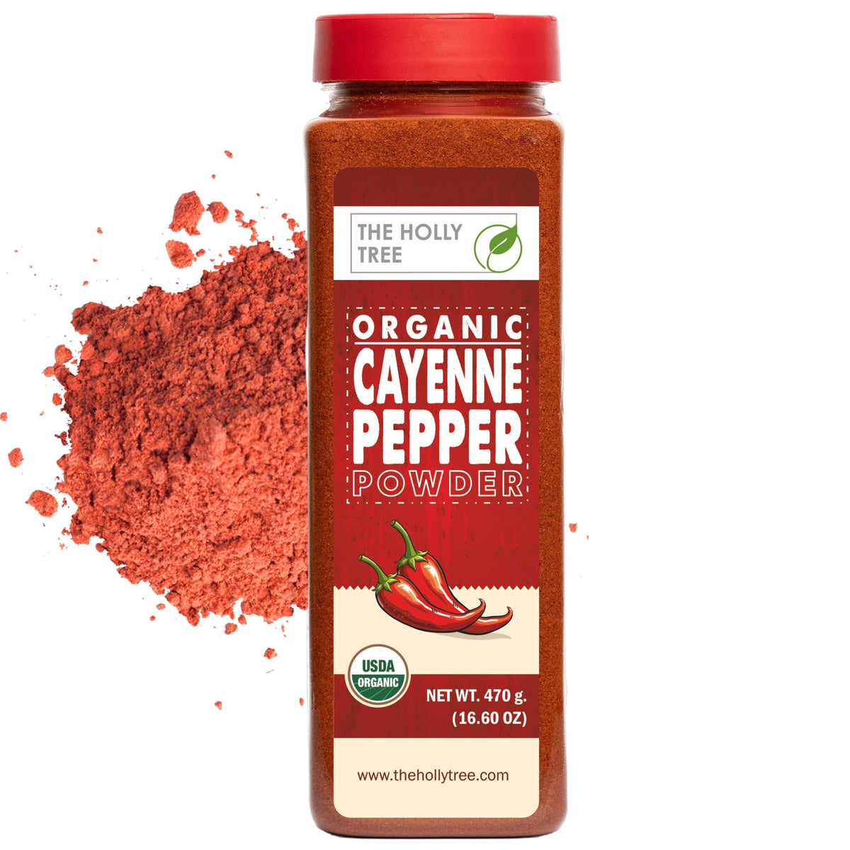 Glass jar of The Holly Tree cayenne pepper powder ready for your pantry.