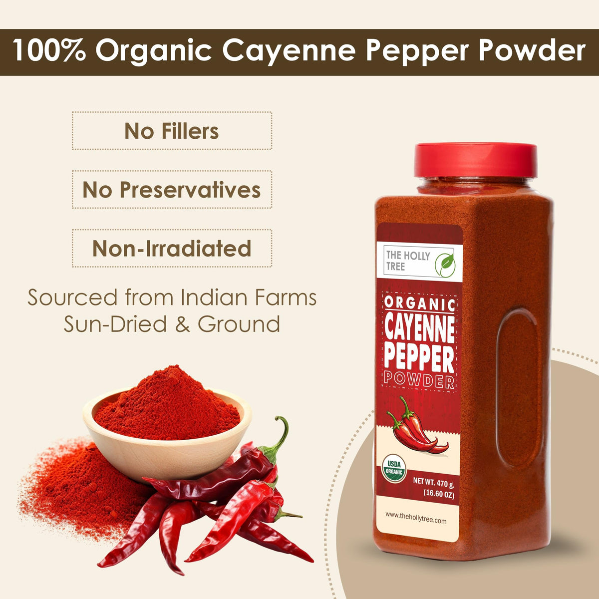 Close-up of The Holly Tree cayenne pepper powder being sprinkled for bold flavor.
