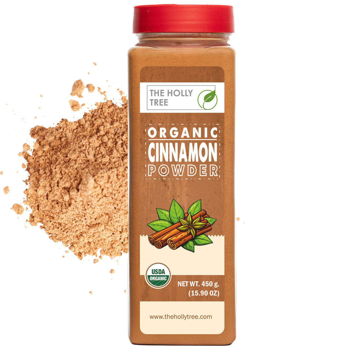 The Holly Tree Organic Cinnamon Powder jar—aromatic spice for everyday baking.