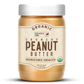 The Holly Tree Organic Crunchy Peanut Butter jar front shows pure organic peanuts for a natural crunch.