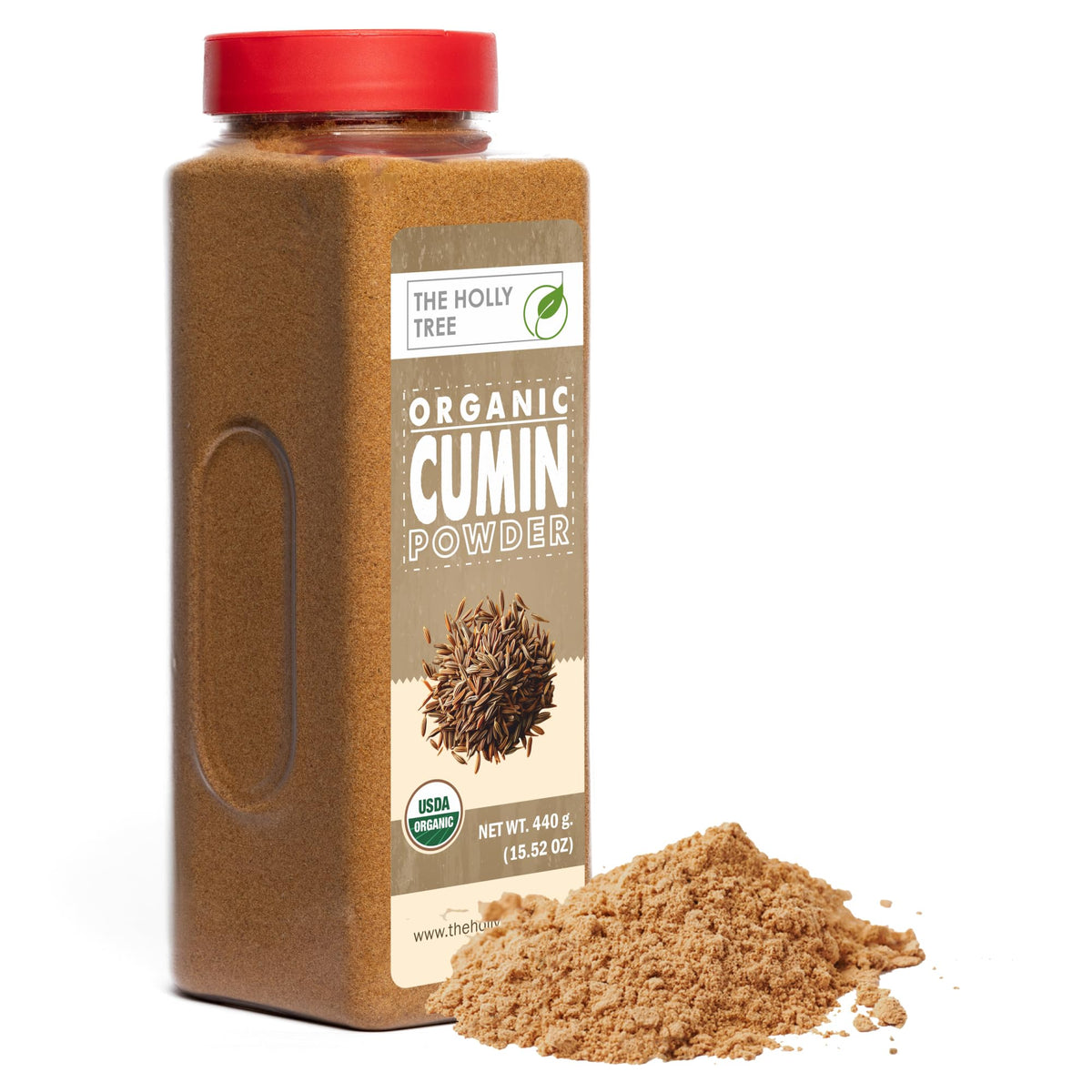 The Holly Tree Organic Cumin Powder bottle highlighting premium aroma for curries