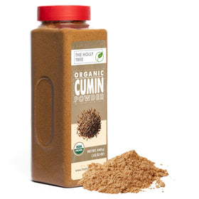 The Holly Tree Organic Cumin Powder bottle highlighting premium aroma for curries
