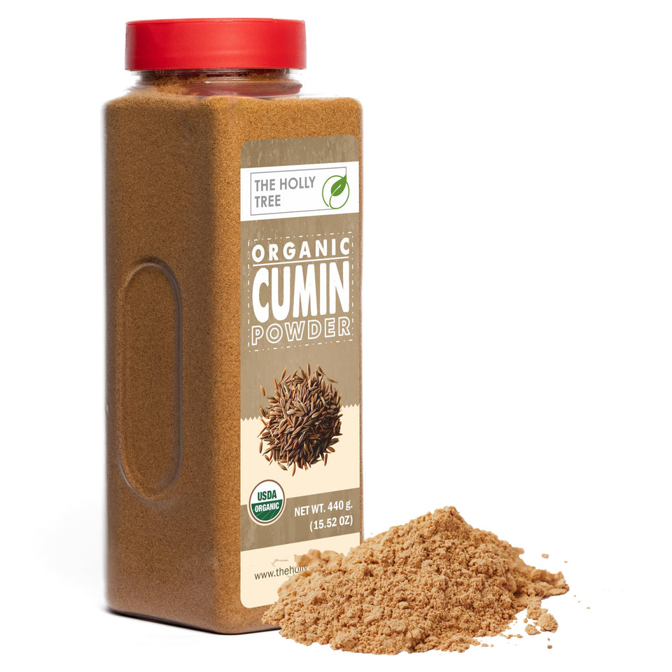 The Holly Tree Organic Cumin Powder bottle highlighting premium aroma for curries