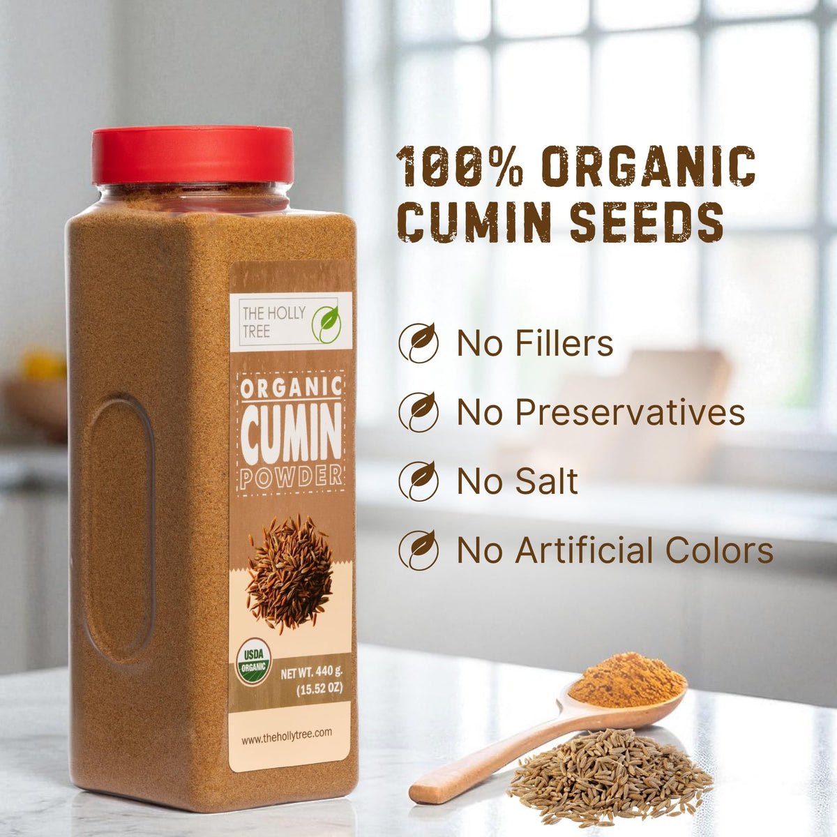 Closeup of The Holly Tree Organic Cumin Powder texture and aroma
