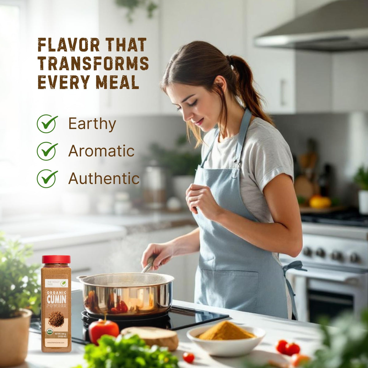 The Holly Tree Organic Cumin Powder on a spice rack with global flavor options