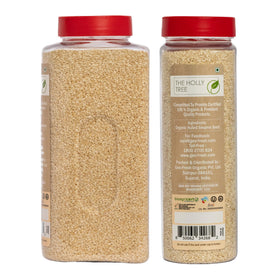 The Holly Tree Organic Hulled Sesame Seeds in a kitchen scene showcase gluten-free versatility.
