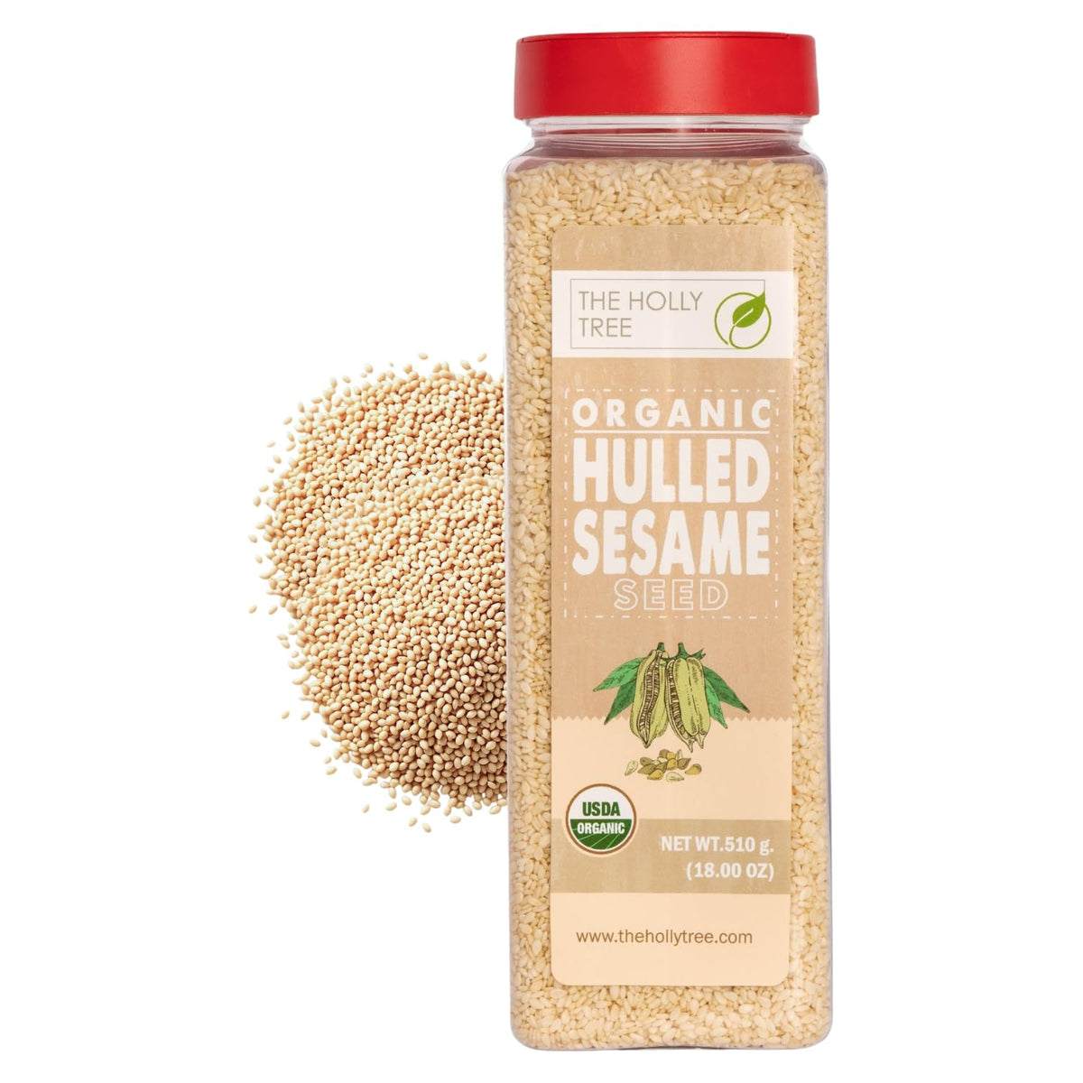 The Holly Tree Organic Hulled Sesame Seeds pour for smooth, nutty flavor in dishes.