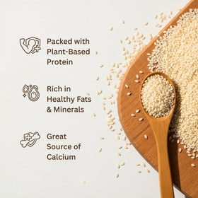 The Holly Tree Organic Hulled Sesame Seeds sprinkled on salads for creamy texture and aroma.
