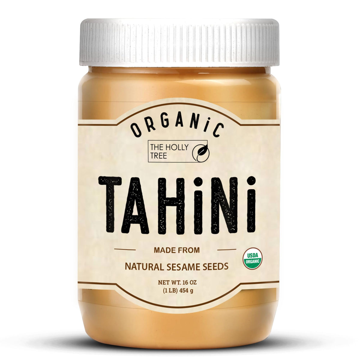 The Holly Tree Organic Tahini Paste 16oz jar with creamy texture ideal for dressings