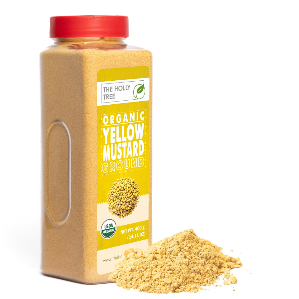 The Holly Tree Yellow Mustard Powder jar boosts bold flavor for dressings and marinades.