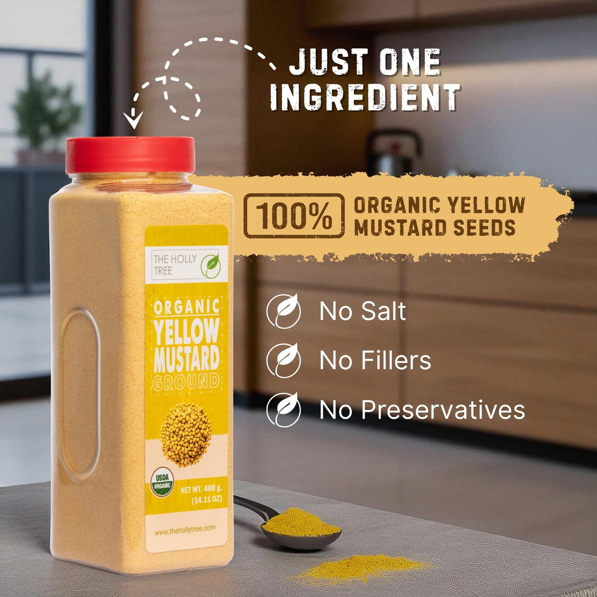 The Holly Tree Yellow Mustard Powder scoop highlights precise measurement for blends.