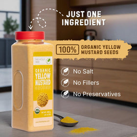 The Holly Tree Yellow Mustard Powder scoop highlights precise measurement for blends.