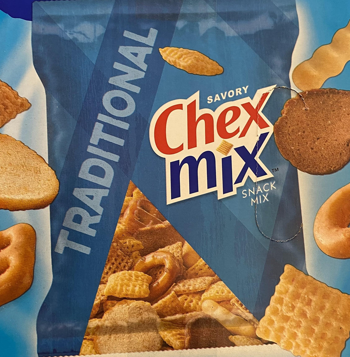 Close-up of The Holy South Chex Mix Traditional ingredients in the bag.